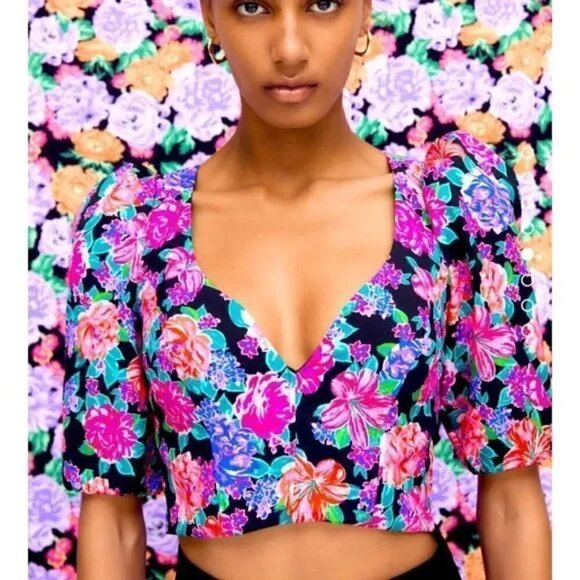 New Zara Floral Print Sweetheart Neckline Short Puff Sleeves Crop Top NWT XS - Picture 3 of 16
